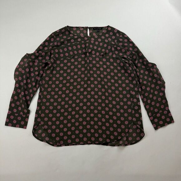 Banana Republic Green Pink Geometric Blouse Ruffles Long Sleeve Sz LP L Petite - Picture 2 of 10